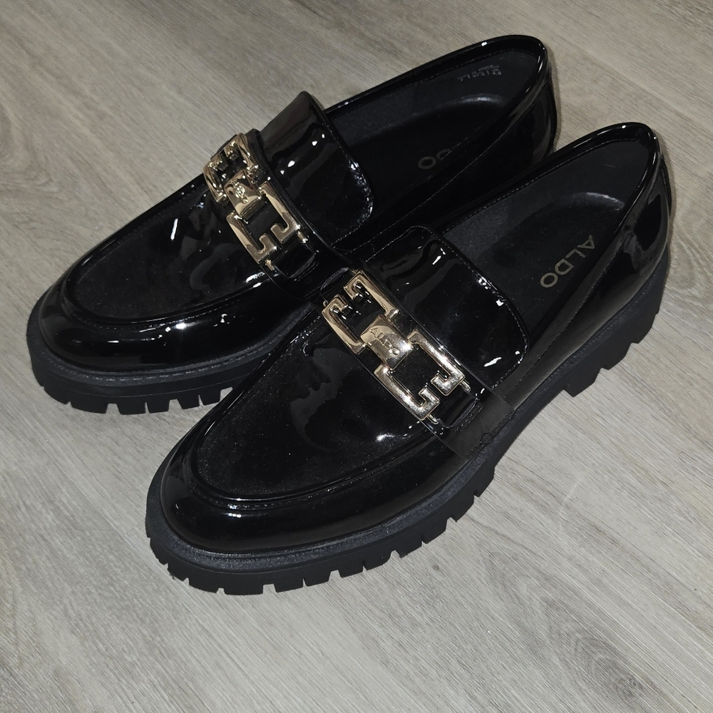 ALDO Glossy Black Loafers with Gold Detail